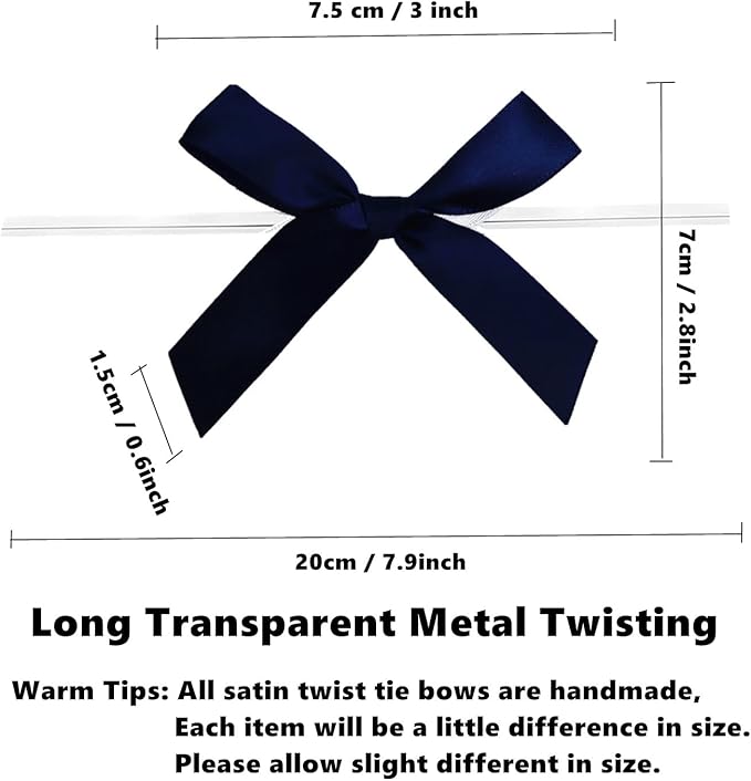 50 PCS 3 Inches Satin Bow Twist Ties, Ribbon Twist Tie Bows for Treat Bags, Pretied Bows, Twist Bows, Tied Bows with Wire, Pre Tied Ribbon Bows for Baby Shower, Favors, Popcorn (Navy Blue)