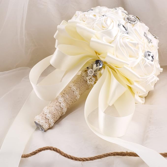 Handmade Brooch Wedding Flowers Bridal Bouquets Crystal Bride Holding Bouquet White Ivory Satin Roses with Diamond Pearl Ribbon (Luxury-White)