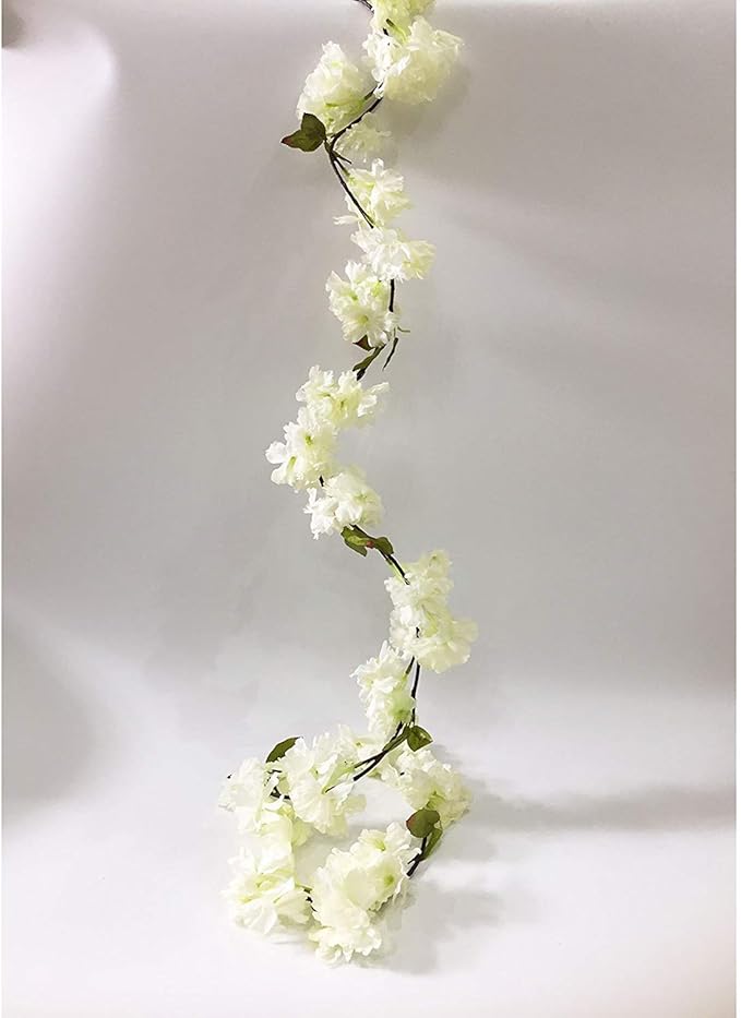 Artificial Cherry Blossom Vine Hanging Plants Faux Sakura Garland Fake Oriental Cherry Wreath Artificial Flower 5.8 FT White