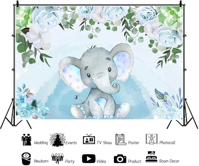 AOFOTO 7x5ft Flowers Baby Elephant Backdrop Watercolor Blue Boy Gender Reveal Party Decoration Sweet Floral Baby Shower Photoshoot Background for Photography Kid Child Birthday Photo Studio Prop Vinyl
