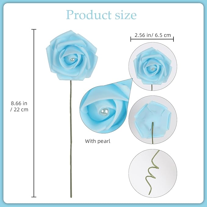 Foam Roses with Pearls 2.56in 50PCS Light Blue Roses Artificial Flowers Bulk Foam Flowers with Stem for Wedding, Bridal Shower, Cake, Graduation and Home Decor(Light Blue)