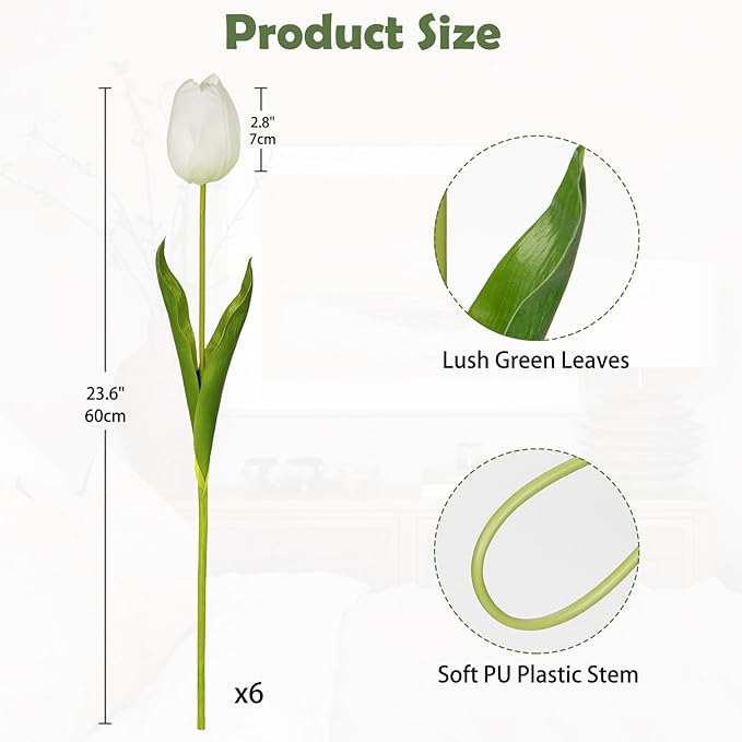 6PCS 23" Fake Tulip Flowers Artificial White Tulips Long Stem Faux Flower, Silk Flower Décor for Floral Arrangement Home Farmhouse Wedding Decoration