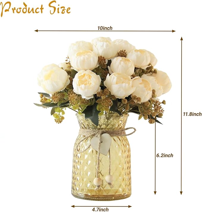 Fake Flowers in Vase,Fake Flowers with Vase 21 Pcs Faux Peony Flowers,Artificial Flowers for Home Decor, Indoor Centerpiece for Living Room & Dining Table (White)