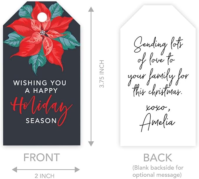Andaz Press Christmas Holiday Season Classic Gift Tags, Happy Holidays to from and Wishing You A Happy Holiday Season, Christmas Poinsettia Design, for Holiday Events, Parties, and Favors, 60-Pack