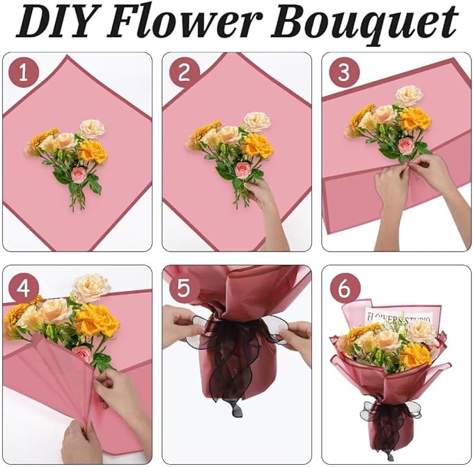 Rumvan Flower Wrapping Paper, 20 Sheets, Waterproof, Floral Bouquet Design, for Wedding, Birthday Gift, DIY Florist Supplies (Red Wine Colour)