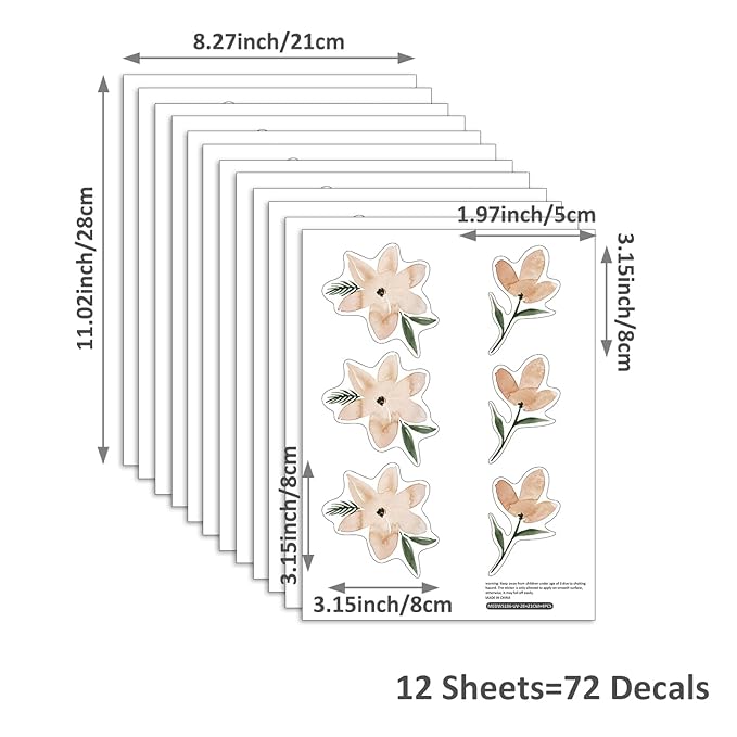 YouRfocus Daisy Wall Decals | 72 PCS Boho Flower Stickers for Girls' Rooms, Playrooms, Nurseries | Dual Layer Print for High Coverage | Removable Peel and Stick （Orange）| 12 Sheets
