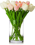ENOVA HOME 20 Pieces Artificial Real Touch Tulips Flower Arrangement in Glass Vase with Faux Water for Home Decoration (White Pink)
