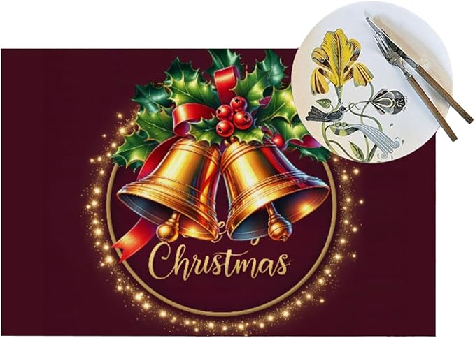 PVC Placemats Set of 1 Wipeable Table Mats Washable Heat Resistant Non Slip Vinyl Dining Table Mat for Kitchen Indoor Outdoor Patio Farmhouse Place Mats Christmas Bell Red Decorative