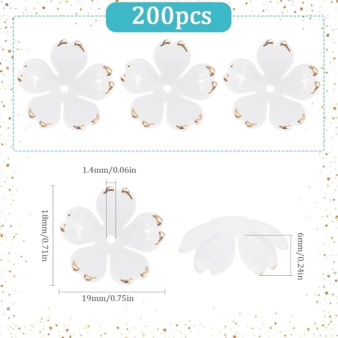SUNNYCLUE 1 Box 200pcs White Flower Beads Acrylic Bead Caps Plastic Floral Sakuras 5-Petal Gold Plated Loose Spacer Bead for Jewelry Making Women Adult Bracelets DIY Wedding Crafts Accessories