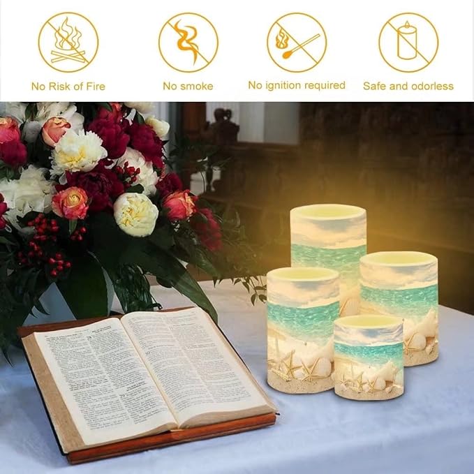 Beach Starfish Seashell Flameless Light Candles Battery Powered with Timer Remote Color Chaging Pillar Candle with Warm Yellow Color Changing Light Pack of 4