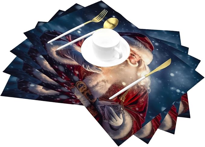 PVC Placemats Set of 6 Wipeable Table Mats Washable Heat Resistant Non Slip Vinyl Dining Table Mat for Kitchen Indoor Outdoor Patio Farmhouse Place Mats Lamp Christmas Santa Decorative