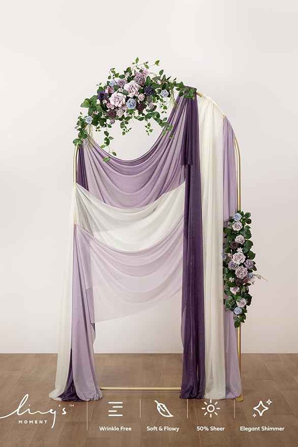 Ling's moment Wedding Arch Draping Fabric 3 Panels 20Ft Purple Chiffon Fabric,Sheer Hanging Drapes Arrangement for Wedding Ceremony Backdrop Party Swag Home Decor (Lilac & Gold)