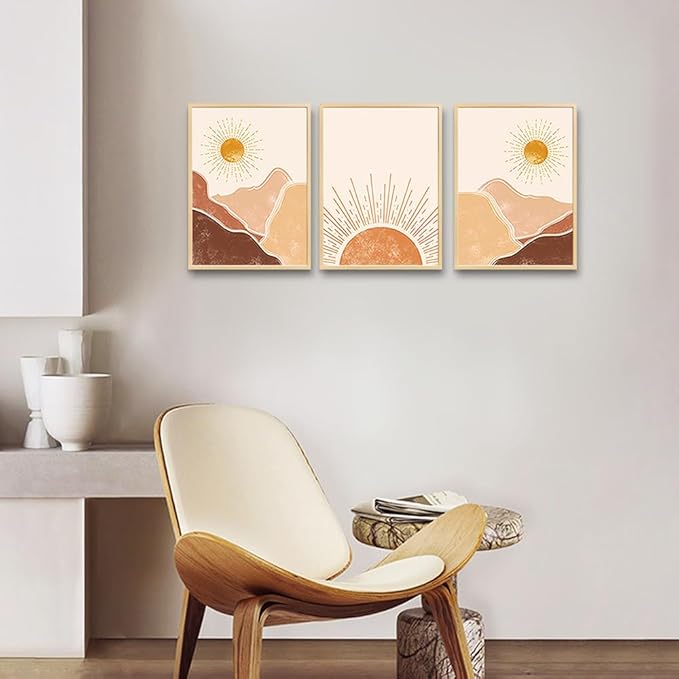 Natural Wood Framed Boho Wall Decor Living Room Canvas Wall Art For Bedroom Minimalist Abstract Mountain Sunshine Wall Painting Wall Decorations For Girl Room Office Wall Decor Pictures Home Decor
