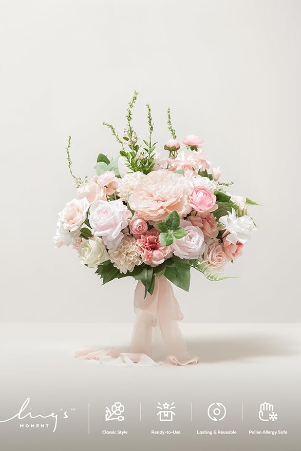 Ling's moment Wedding Artificial Flowers Package, Bridal Bouquet, Bridesmaid Bouquets, Boutonniere for Men, Rose Petals.Blush Pink