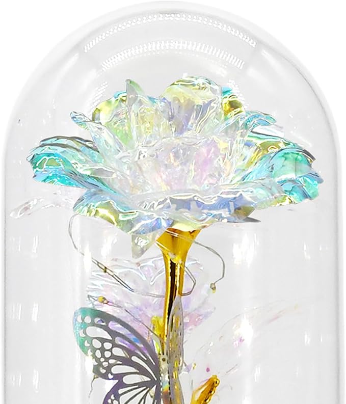 Artificial Glass Flowers, Encourages Romantic Gestures, 11.5x11.5x22cm, Wedding Decoration Dome, Rose Dome Centerpiece, LED Illuminated Design, for Holiday Birthday Mother’s Day Wedding Women