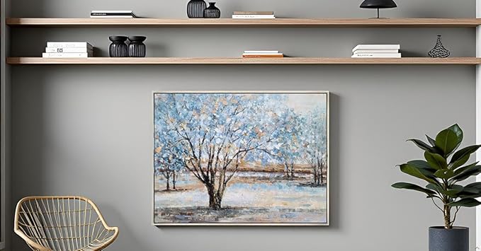 Yihui Arts Tree Canvas Wall Art - Hand Painted Textured Blue and Gold Foil Abstract Forest Landscape Modern Artwork for Living Room, Bedroom, and More