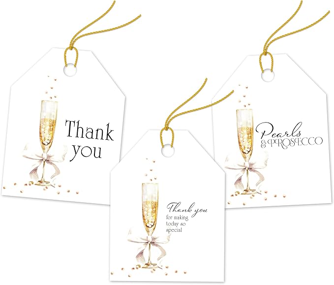 Pro Supply Global 24 Count of 2.5 Inch x 3 Inch Pre Strung Pearls and Prosecco Gift Tag Assorted Printed Designs on Large Cardstock Gift Hang Tags - Ideal to Use on Bags