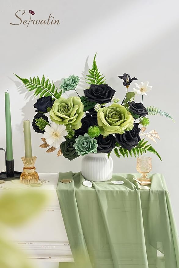 Serwalin Green Artificial Flowers, Black Silk Fake Flowers Greenery Stems for DIY Wedding Bridal Bouquets, Wedding Cake Flowers for Table Centerpieces Baby Shower Birthday Party Home Decorations