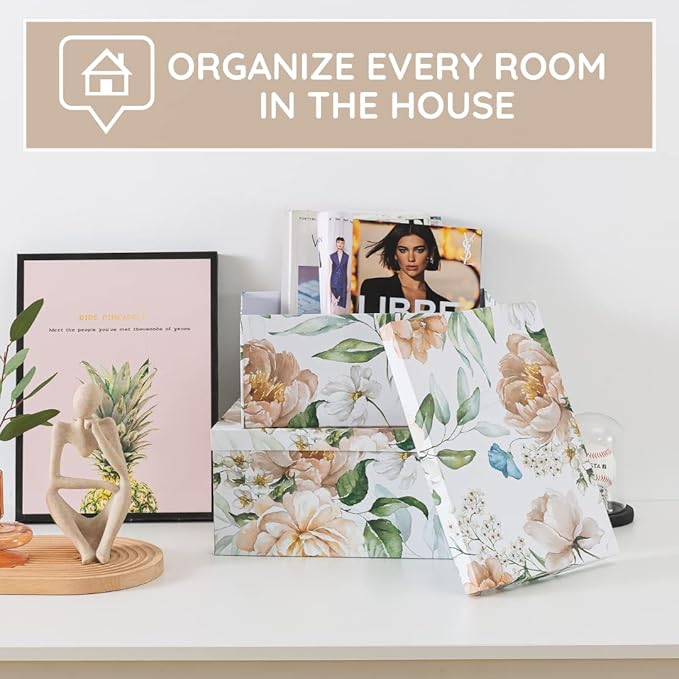 Soul & Lane Decorative Cardboard Storage Boxes with Lids for Home Decor and Organization, Set of 3 Large Keepsake Boxes for Memories & Gifts, Nesting Floral Photo Storage Containers, Floral Revival