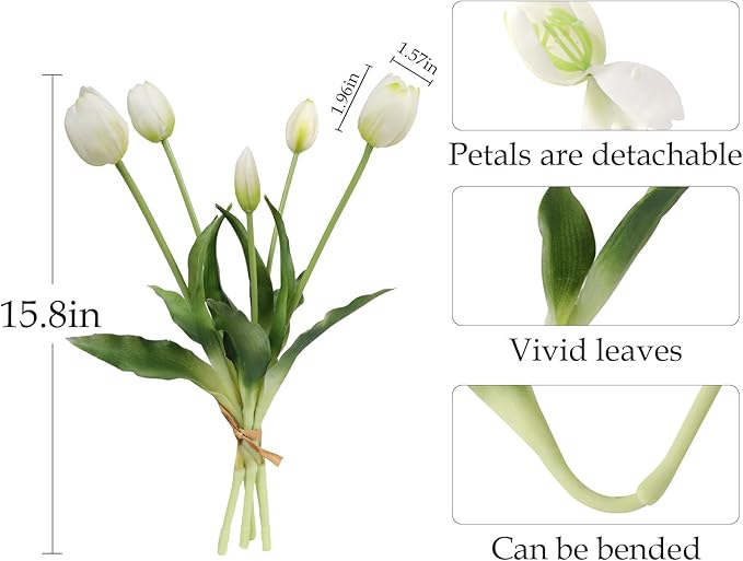 20PCS White Fake Tulips Artificial Flowers Real Touch Latex Faux Tulips UV Resistant Fake Flowers Bouquet for Table Home Decor Party Wedding Garden Decoration