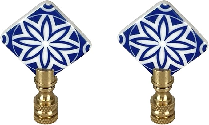 Royal Designs, Inc. Porcelain Mandala Flower Design Finial for Lamp Shade, Polished Brass, Blue & White, Pack of 2