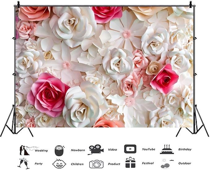 Baocicco 10x8ft Pink and White Paper Flowers Background Photography Backdrop Paper Flower Wall Gorgeous Wedding Flower Backdrops Beautiful Bride Baby Newborn Kids Background Props Portraits Booth