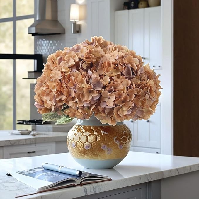 2Bouquets Artificial Fake Flowers Plants Silk Hydrangea Arrangements Wedding Bouquets Decorations Plastic Floral Home Kitchen Garden Party Festival Bar DIY(Brown Yellow)