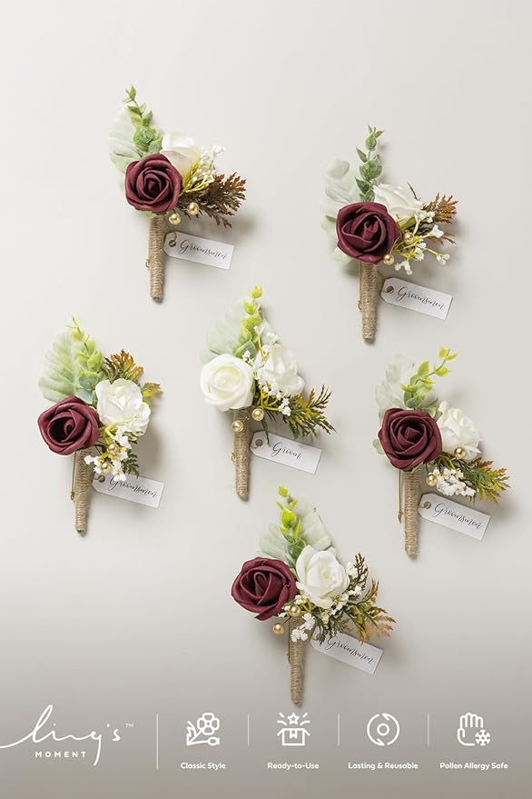 Ling's moment Boutonniere for Men, 6pcs Groom Groomsmen Boutonniere, Artificial Flowers for Wedding Decor/Prom/Homecoming, etc.Burgundy White