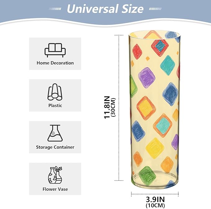 xmyzcd Print Colorful Squares Vase Cylinder Vases Clear Plastic Flower Vase Easy to Clean for Centerpieces Homes, Offices, Kitchens