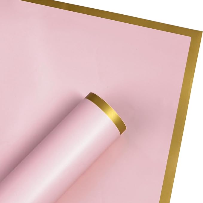 WRAPAHOLIC 20 Sheets Flower Wrapping Paper - 22.4 x 22.4 inch Pastel Pink with Gold Edge Water-Resistant Floral Bouquet Wrapping Paper, Florist Supplies Packaging Paper for Wedding Birthday Gift DIY
