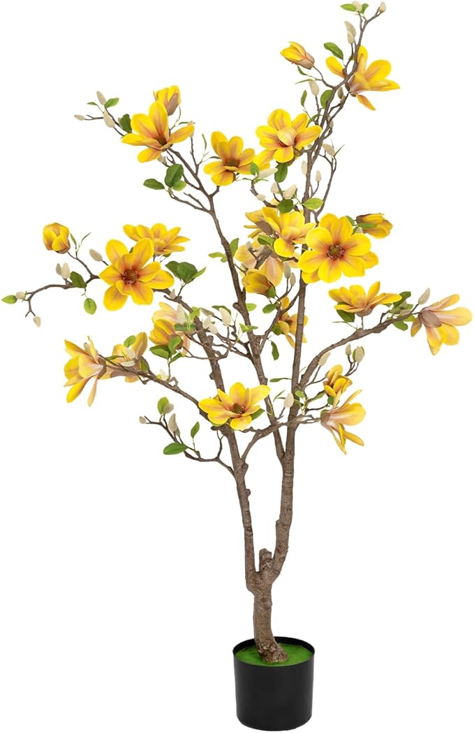 Artificial Magnolia Tree 4.9 ft - with 27 Pcs Yellow Flowers Artificial - Tall Artificial Plants Indoor, Faux Indoor Plants Perfect Potted Magnolia Flower Decor for Living Room, Stairs, Shop, Porch