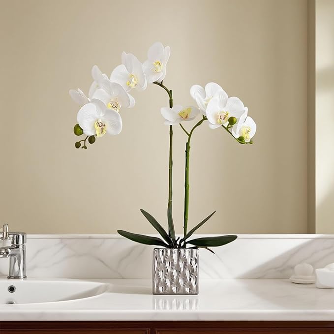 LISU Artificial Orchids, Silver Vases, Home Decoration Flower Arrangements, Fake Flowers in Vases. (C:White)