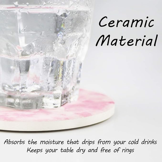 AD Set of 6 Coasters for Drinks Absorbing Round Ceramic Stone Coaster with Cork Base Tabletop Protection Mat for Mugs and Cups,Office,Kitchen (Pind Marble with Holder)