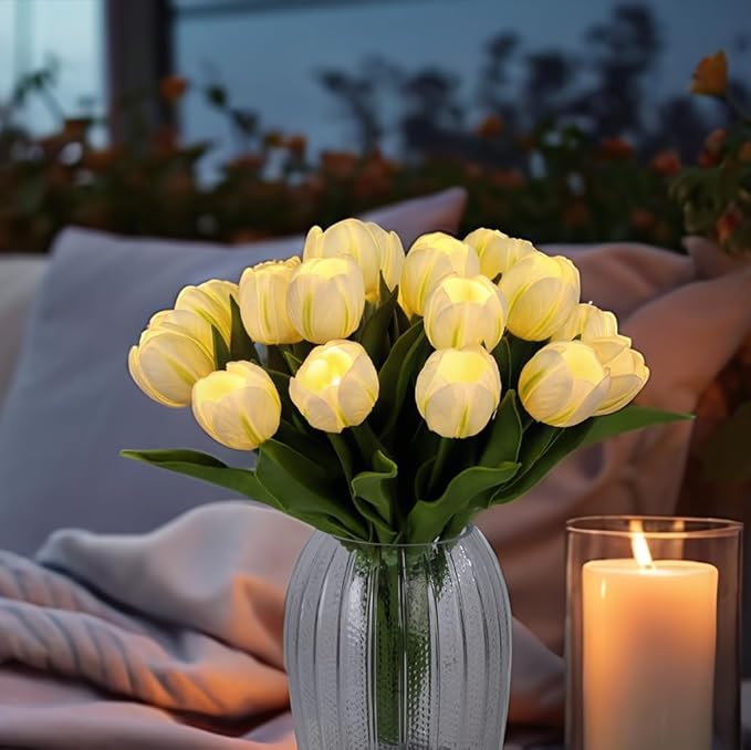 LED Lighted Artificial Tulips, Tulip Lamp, Real Touch Tulip Flowers, 15 Inch Faux Tulip Bouquet with Battery Operated Lights for Gifts, Home Kitchedn Wedding Decor (White)