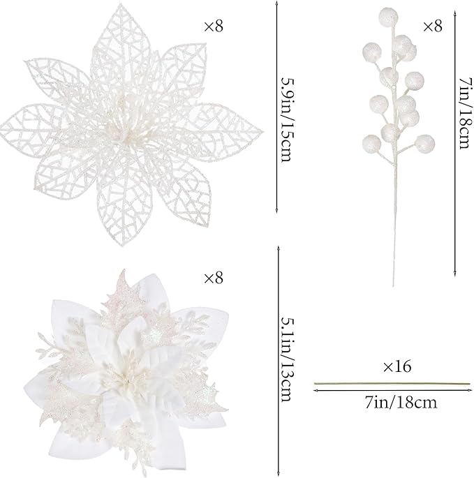 24Pcs Christmas Poinsettia Artificial Flowers and Glitter Berries Kit, 2 Styles Total 16Pcs Christmas Tree Flowers Ornaments, 8Pcs Christmas Tree Picks for Wedding Holiday Decorations, White