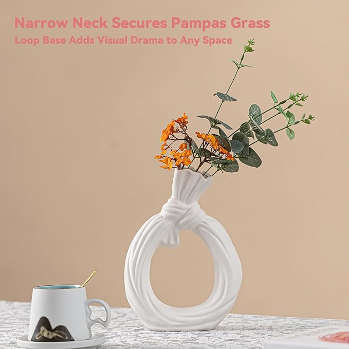 White Ceramic Vase with Knot & Loop Design - 10" Unique Flower Vase for Pampas Grass & Centerpieces, Decorative Boho/Farmhouse Vase for Living Room, Office Desk & Housewarming Gift (for Her/Yourself)
