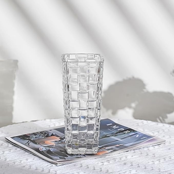 Clear Glass Vase for Flowers Square Embossed Rectangle 6in High Glass Bud Vases Small Vase for Flowers Plant Terrarium Candle Holder Water Glasses for Wedding Centerpiece Office Table, Rattan