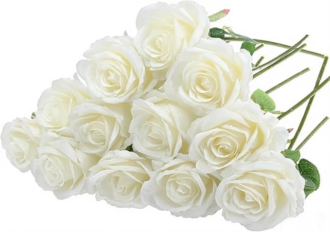 Felice Arts 12 Pack White Roses Artificial Flowers with Stem Fake Flowers Silk Roses Bouquet for Table Vase Wedding Centerpiece Party Home Kitchen Decor