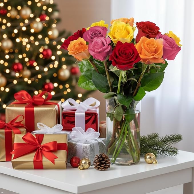 Benchmark Bouquets - 12 Stem Premium Rainbow Roses (Glass Vase Included) - Fresh Flowers for Next Day Delivery - Gift for Christmas, Birthday, Anniversary, Sympathy, Get Well, Congratulations