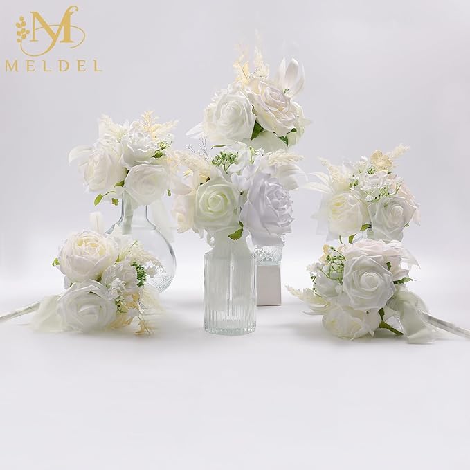 Meldel Set of 6 Wedding Flowers Fake Rose Mini Bridesmaid Bride Bouquets Ivory White Small Floral Wedding Centerpieces Decor Artificial Flower Arrangements for Tables Home Party Decorations