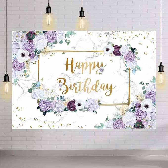 MEHOFOND 8x6ft Happy Birthday Backdrop Purple and White Flowers Bday Photography Background Girls Geometric Gold Glitter Dots Birthday Floral Party Decorations Cake Smash Decor Studio Photo Props