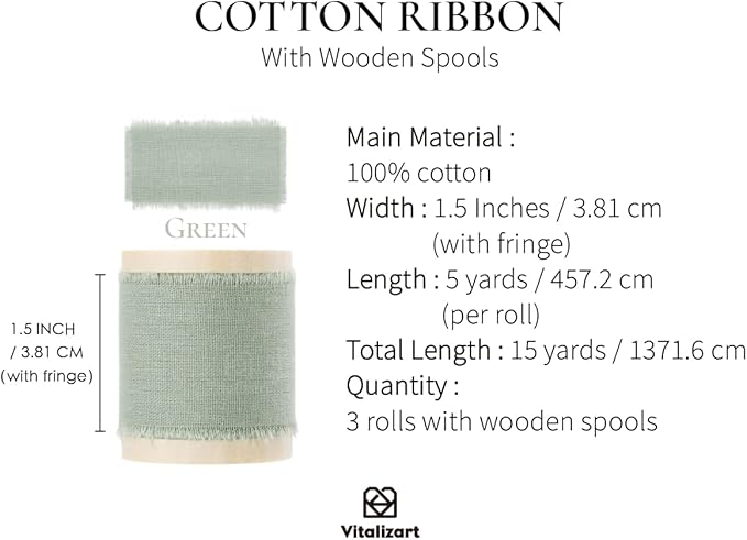 Vitalizart Dusty Sage Ribbon 1-1/2" x 15 Yd 100% Cotton Handmade Frayed Fringe Fabric Green Ribbons for Gift Wrapping Wedding Invites Bridal Shower Bouquets Christmas Decorations