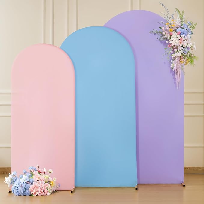 Rainbow Arch Backdrop Cover 7.2FT 6.6FT 6FT Stretchy Wedding Arch Covers Set of 3 Spandex Fitted Pink Blue Lavender Fabric Backdrop Cover for Party Baby Shower Birthday Decoration