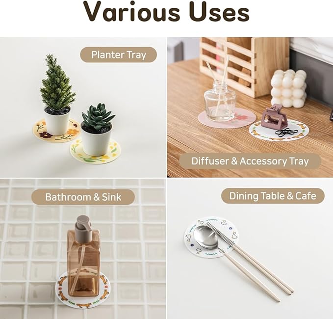 FLT Silicone Colorful Coaster Set of 3, Non-Slip Drink Mat, Cute and Unique Printed Design (Made in Korea) (White - Animal)