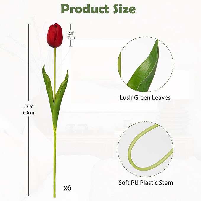 6PCS 23" Fake Tulip Flowers Artificial Red Tulips Long Stem Faux Flower, Silk Flower Décor for Floral Arrangement Home Farmhouse Wedding Decoration