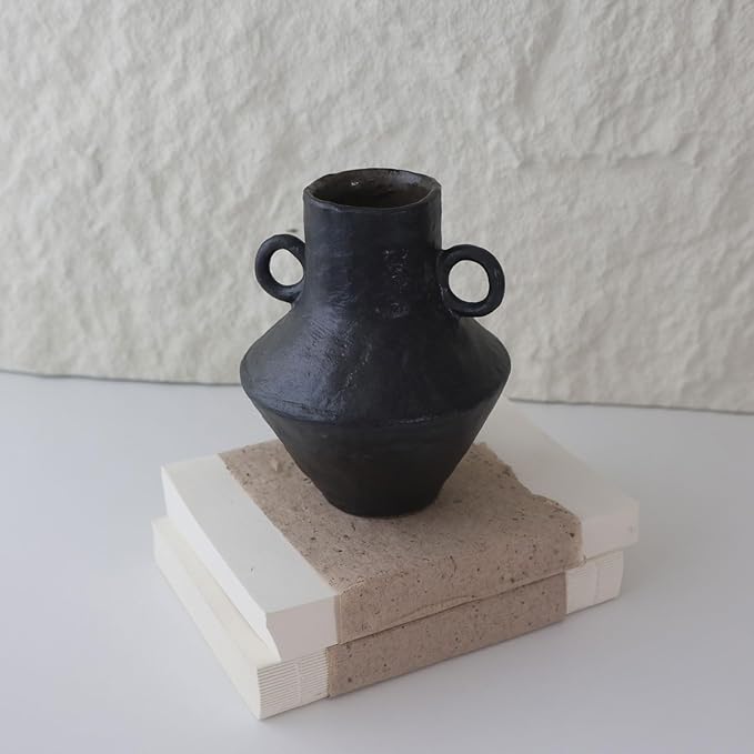Rustic Small Ceramic Vase, Handcrafted Black Farmhouse Vase, Wabi Sabi Pottery Decor for Kitchen, Bedroom, Office, Living Room, Bathroom, Shelf Centerpiece Table