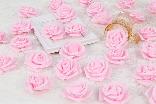 100pcs Foam Rose Artificial Flower Heads, 3-Inch Light Pink Fake Flower Heads Stemless Rose Flowers Bulk for DIY Crafts,Wedding Bouquets Party Baby Shower Home Decor (Light Pink)
