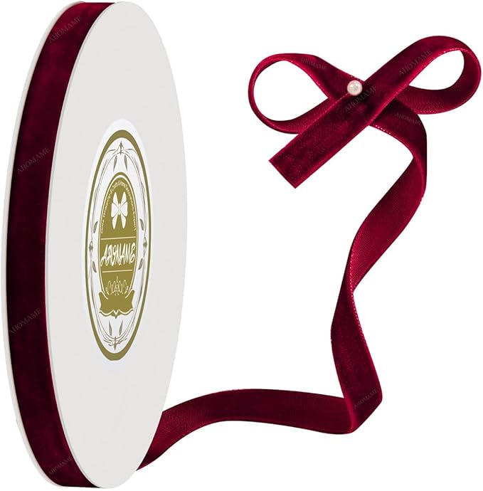 Burgundy Velvet Ribbon 3/8 Inches x 10 Yards for Gift Wrapping, Crafts, Christmas Tree, Wreath, Bow Making - Vintage Fabric Wine Red on The Spool for DIY