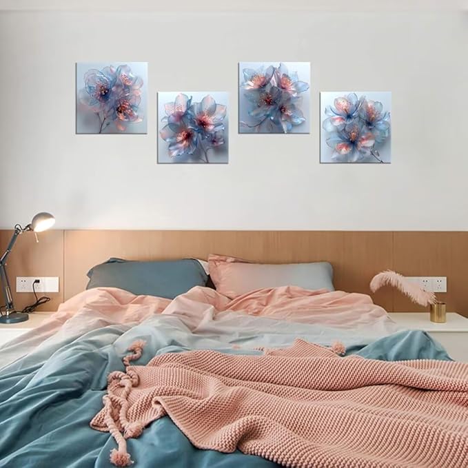Pankila Abstract Flower Wall Art Blooming Flowers Pictures Canvas Prints Blue Pink Flower Wall Decor for Living Room Bedroom Bathroom Home Decorations Painting Framed Artwork (24''W x 24''H x 4)