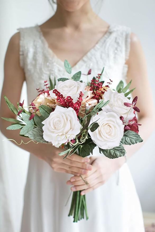 IPOPU 5 Inches White Artificial Large Rose Flower Head Fake Silk Rose with Stem Fake Flowers Bulk for DIY Gifts White Wedding Bouquet Arrangements Home Party Decor